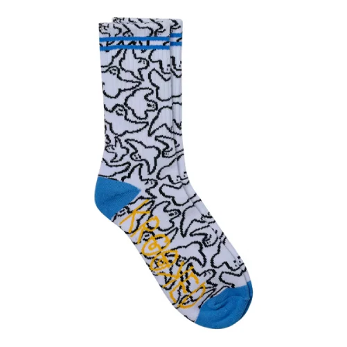 Krooked Multi Birds Crew Socks - White/Black/Blue - Image 2