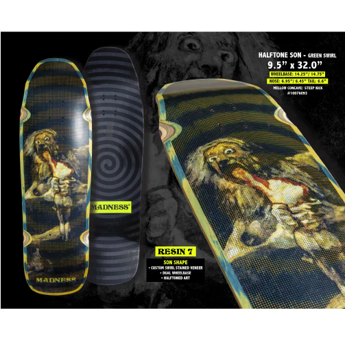 Madness Halftone Green Swirl Saturn Eating His Son R7 Shaped Skateboard Deck 9.5" - Image 3