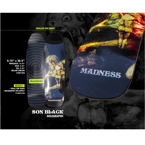 Madness Saturn Eating His Son Black Holographic R7 Shaped Skateboard Deck 8.75" - Image 3