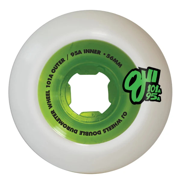 OJ Double Duro Skateboard Wheels White/Green 56MM 101A/95A - Image 2