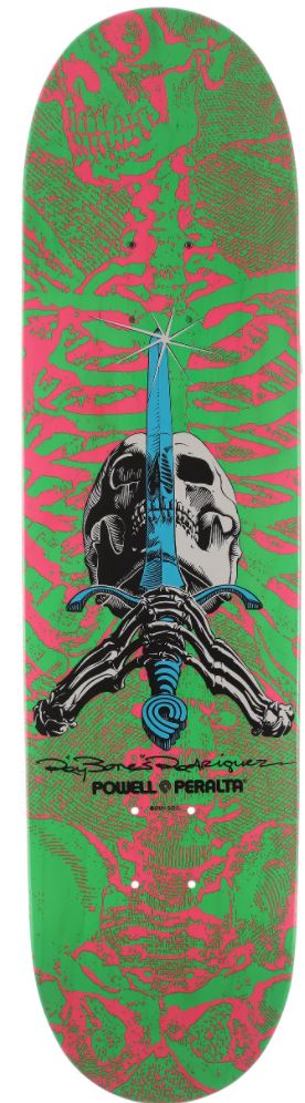 Powell Peralta Rodriguez Skull and Sword Skateboard Deck Green, Pink 8.0" - Image 2