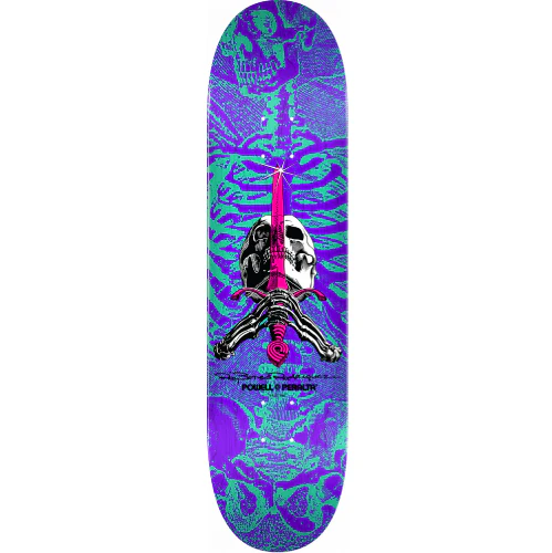Powell Peralta Rodriguez Skull and Sword Skateboard Deck Turquoise, Purple 8.25"