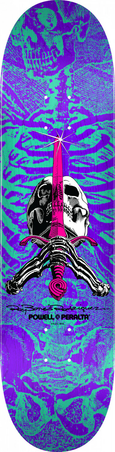 Powell Peralta Rodriguez Skull and Sword Skateboard Deck Turquoise, Purple 8.25" - Image 2
