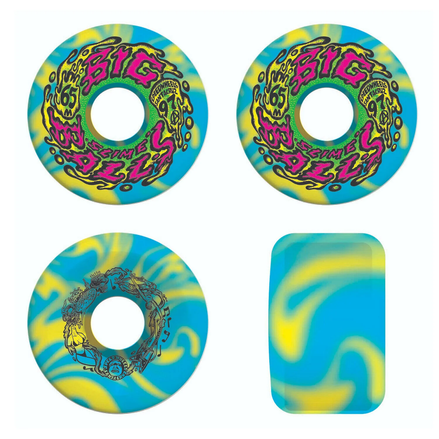 Santa Cruz Slime Balls Big Balls Skateboard Wheels Blue, Yellow Swirl 65MM 97A - Image 4