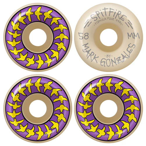 Spitfire F4 Mark Gonzales Conical Full Birds Wheels Purple/Yellow/Natural 58MM 99D - Image 4